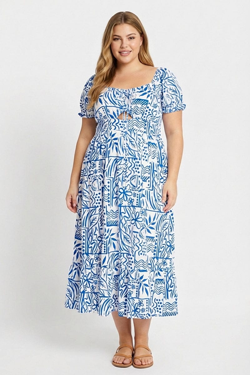 Blue Abstract Midi Dress Short Sleeve Cut Out Linen Blend