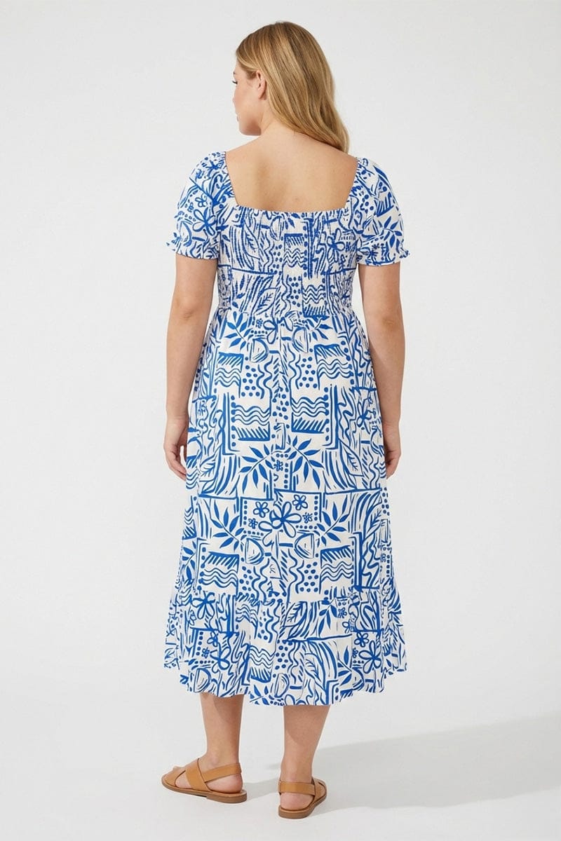Blue Abstract Midi Dress Short Sleeve Cut Out Linen Blend - Image 2