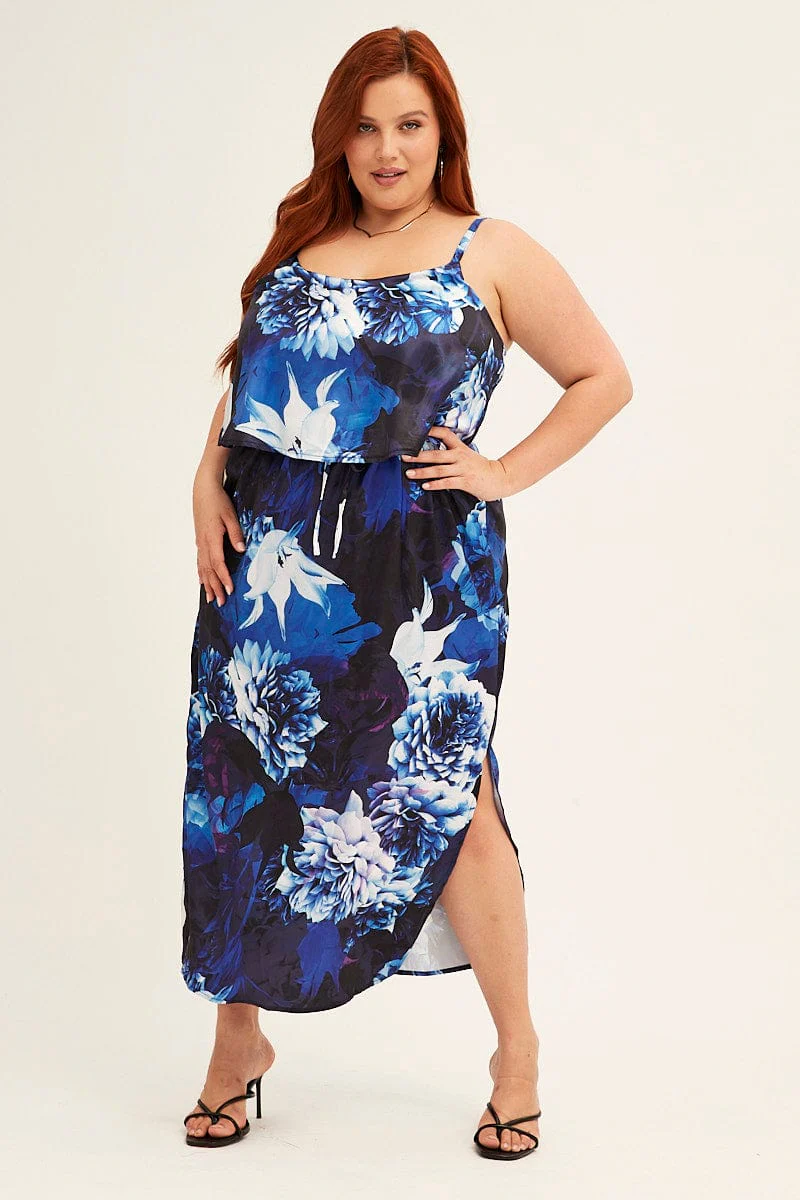 Blue Abstract Midi Dress Sleeveless Side Split Satin - Image 3