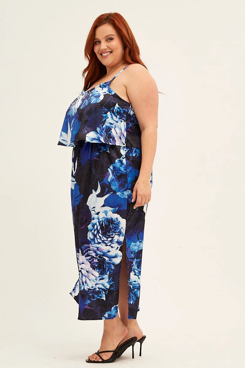 Blue Abstract Midi Dress Sleeveless Side Split Satin - Image 4