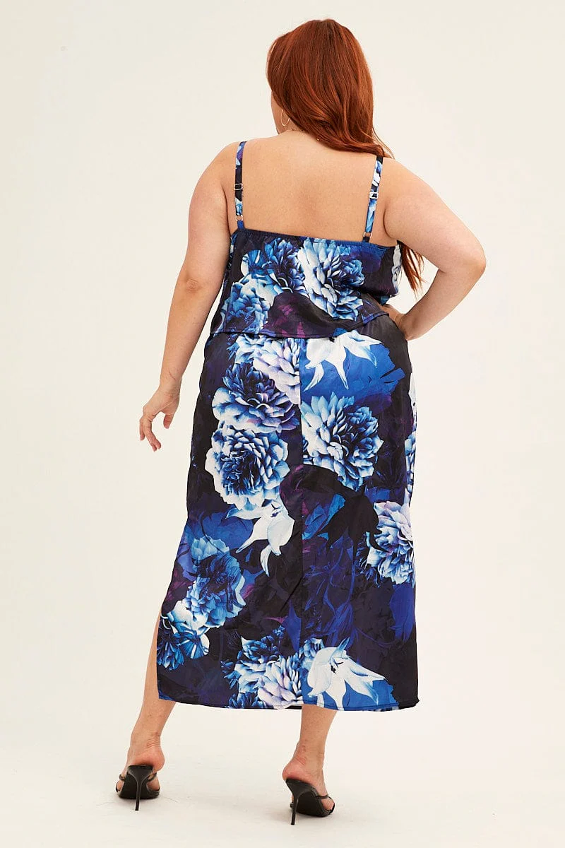 Blue Abstract Midi Dress Sleeveless Side Split Satin - Image 5