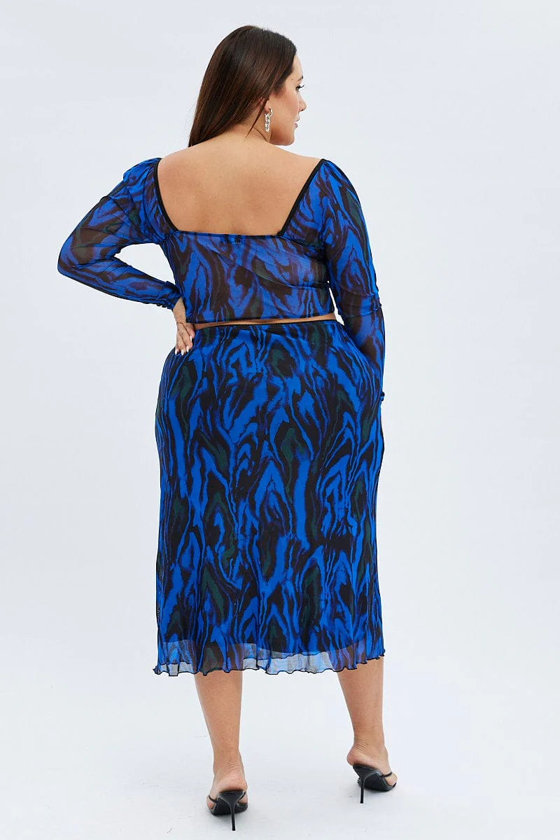 Blue Abstract Midi Skirt Mesh Print - Image 5