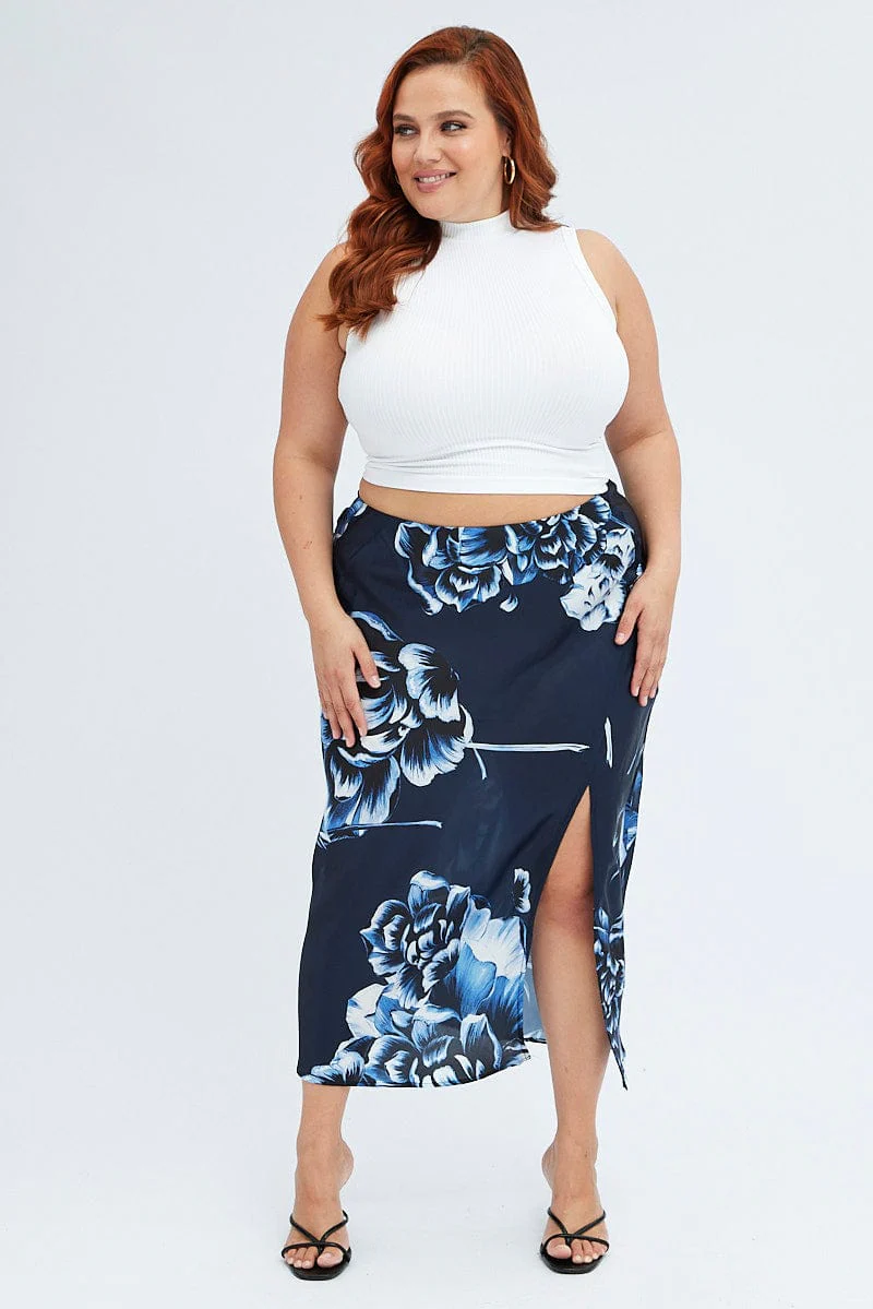 Blue Abstract Midi Skirt Split Satin Floral - Image 3