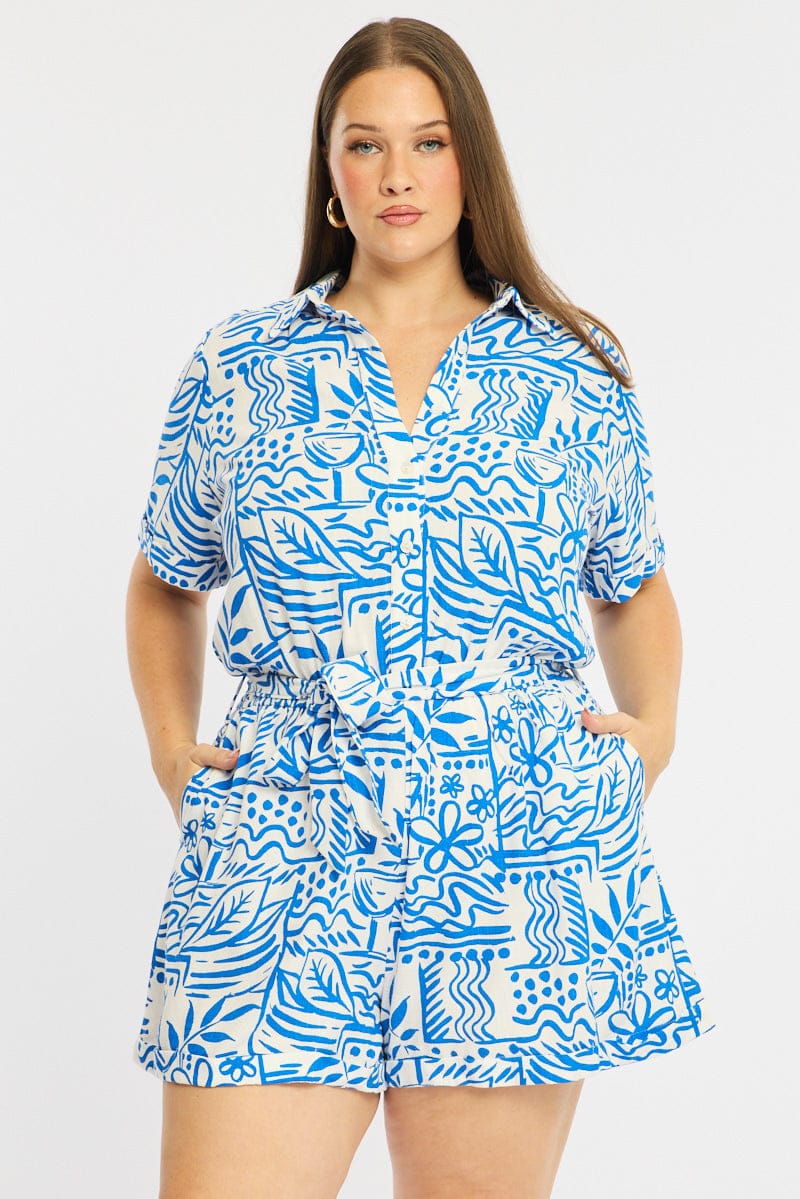 Blue Abstract Playsuit Short Sleeve Belted Linen Blend - Image 2