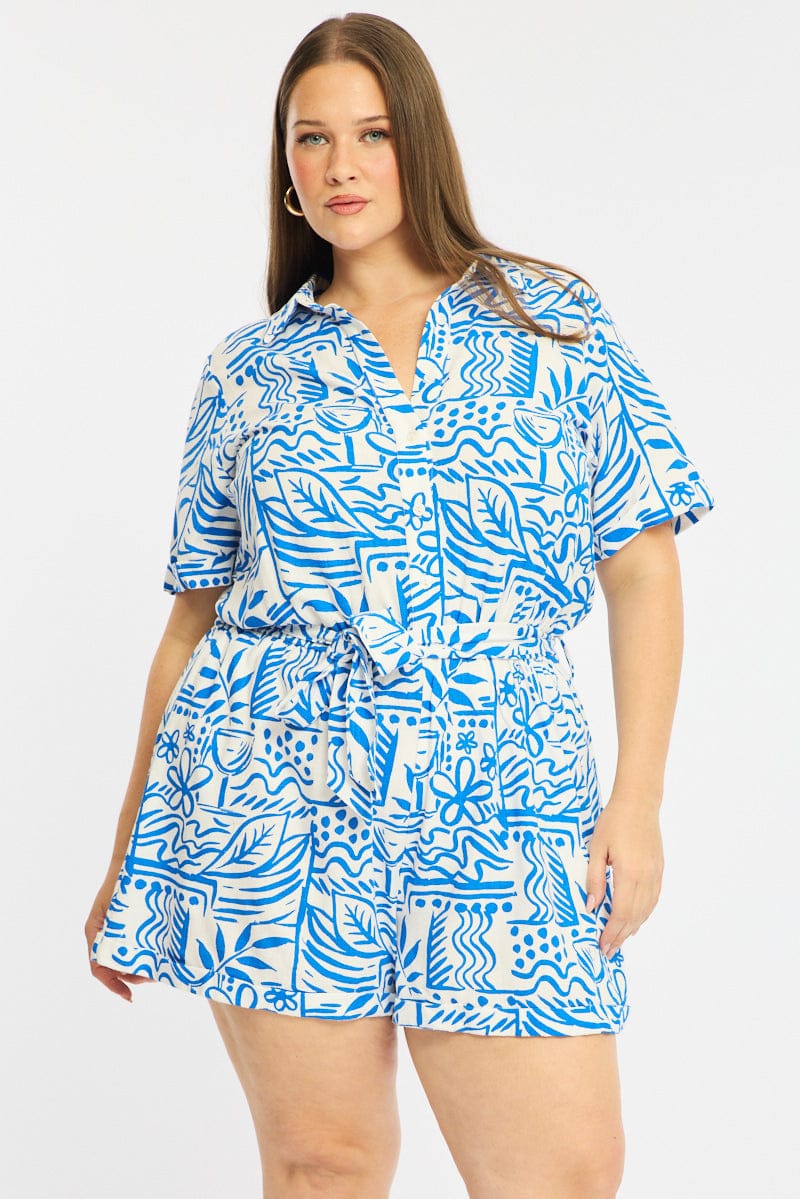 Blue Abstract Playsuit Short Sleeve Belted Linen Blend - Image 4