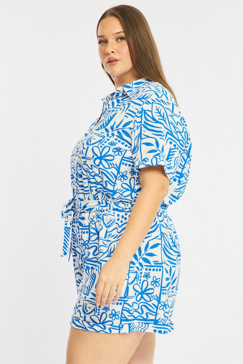 Blue Abstract Playsuit Short Sleeve Belted Linen Blend - Image 5