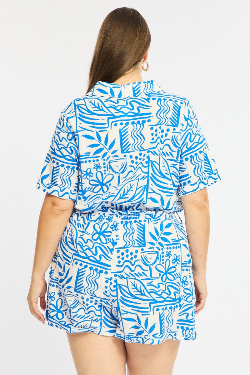 Blue Abstract Playsuit Short Sleeve Belted Linen Blend - Image 6