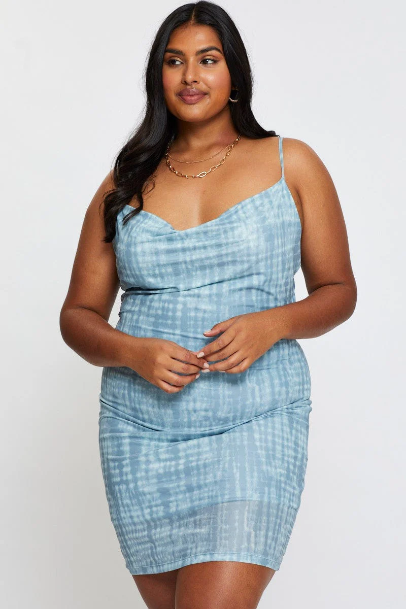 Blue Abstract Print Bodycon Dress Scoop Neck Sleeveless Mini - Image 3