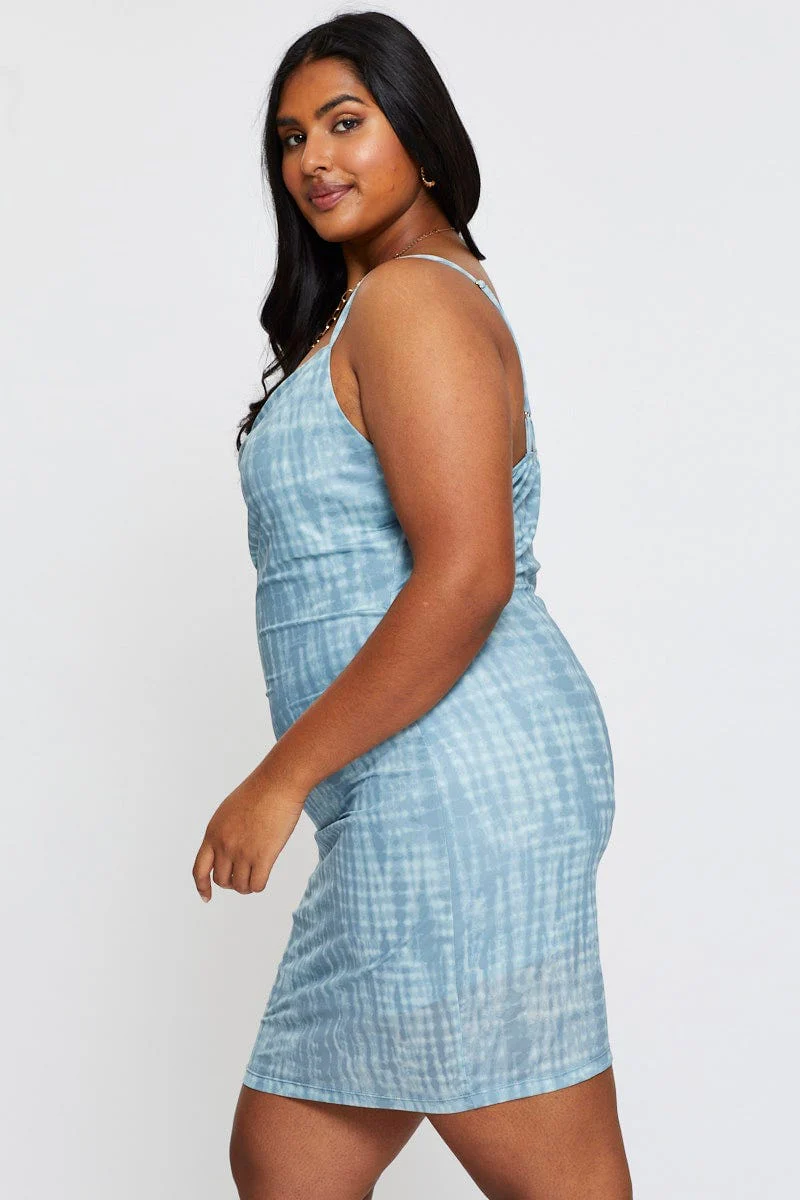 Blue Abstract Print Bodycon Dress Scoop Neck Sleeveless Mini - Image 4