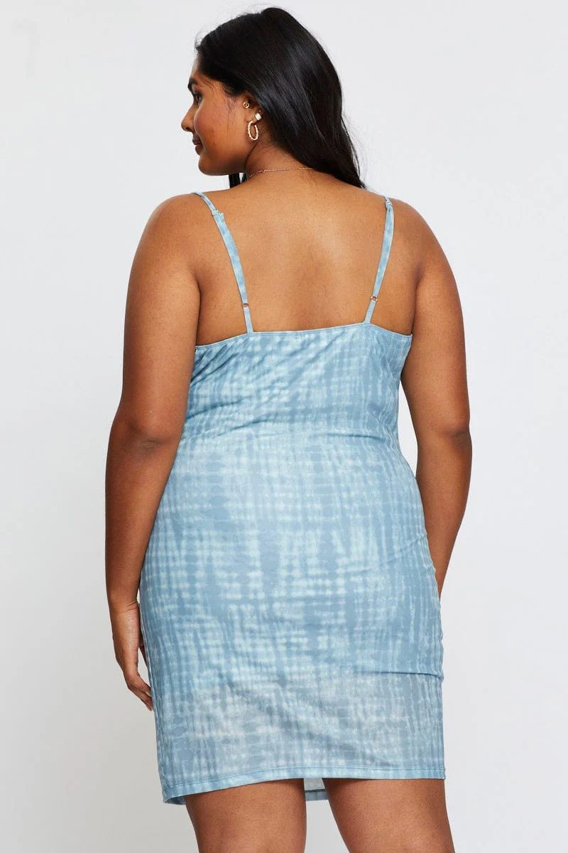 Blue Abstract Print Bodycon Dress Scoop Neck Sleeveless Mini - Image 5