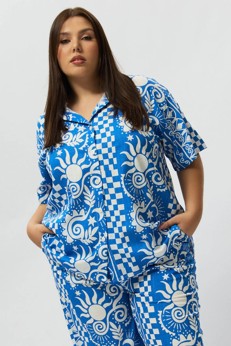 Blue Abstract Relaxed Shirt Short Sleeve Linen Blend - Image 2