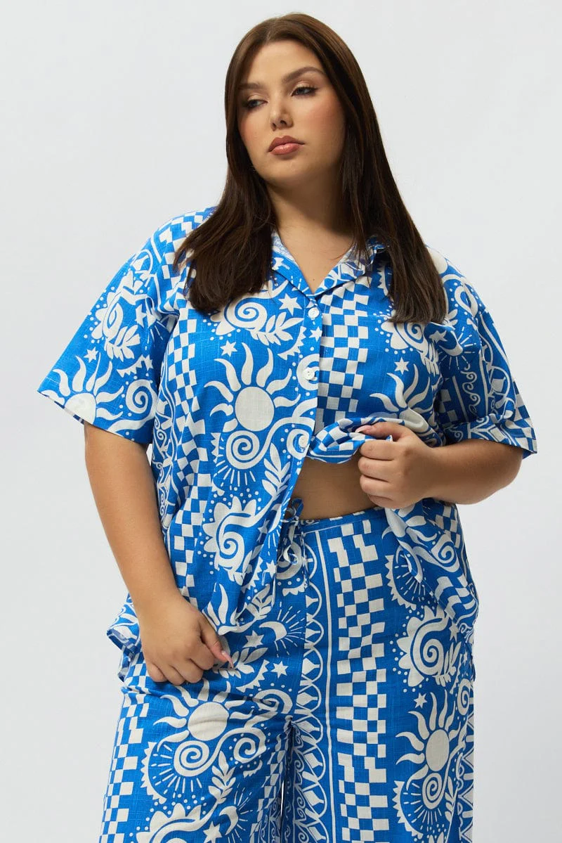 Blue Abstract Relaxed Shirt Short Sleeve Linen Blend - Image 3