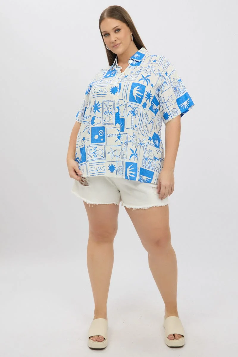 Blue Abstract Relaxed Shirt Short Sleeve Linen Blend - Image 2