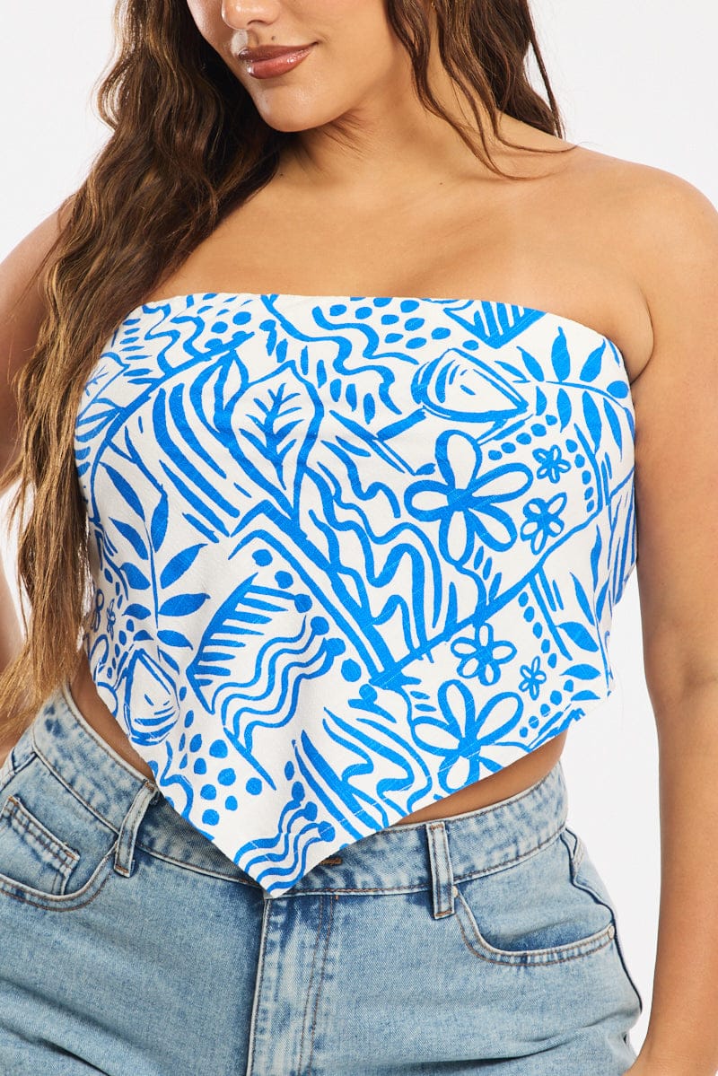 Blue Abstract Scarf Top Sleeveless Linen Blend - Image 6