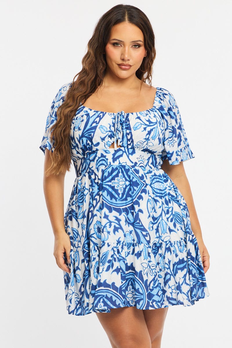 Blue Abstract Skater Dress Short Sleeve Cut Out