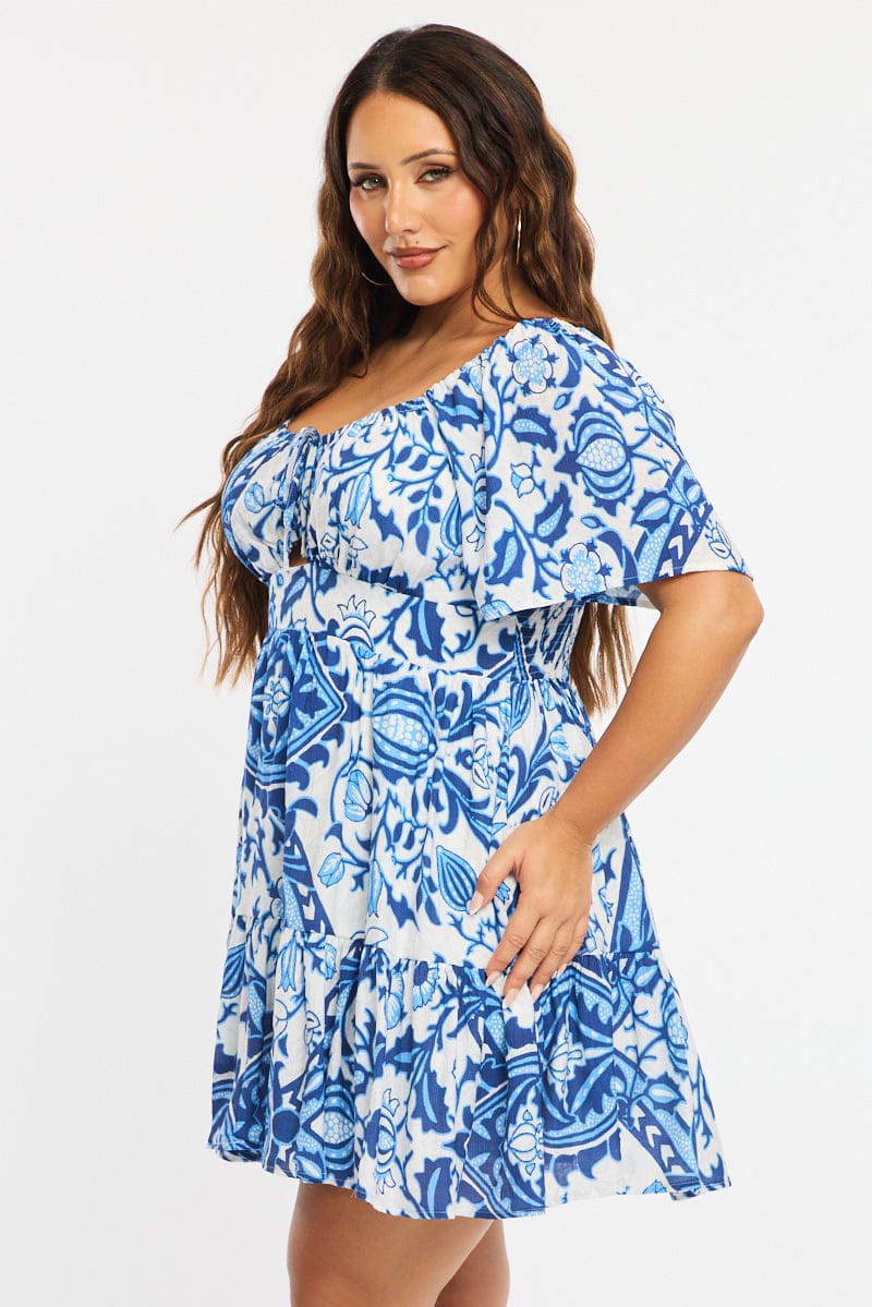 Blue Abstract Skater Dress Short Sleeve Cut Out - Image 3