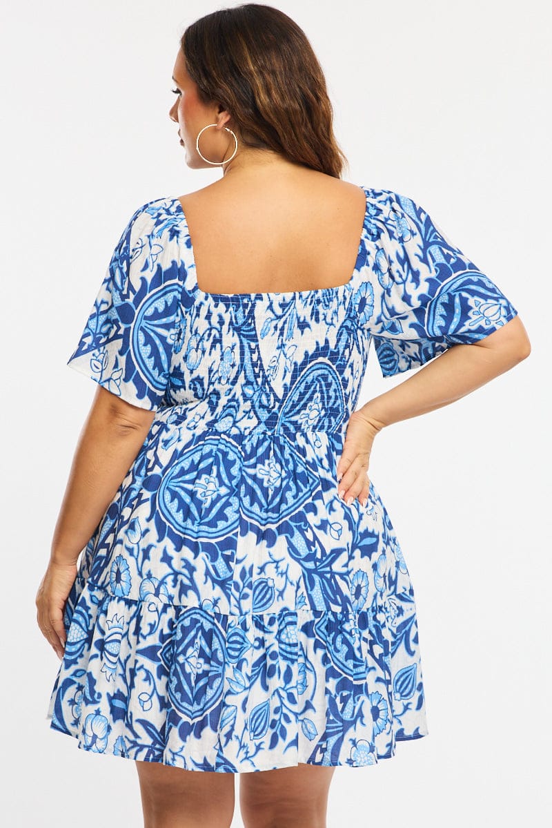 Blue Abstract Skater Dress Short Sleeve Cut Out - Image 4