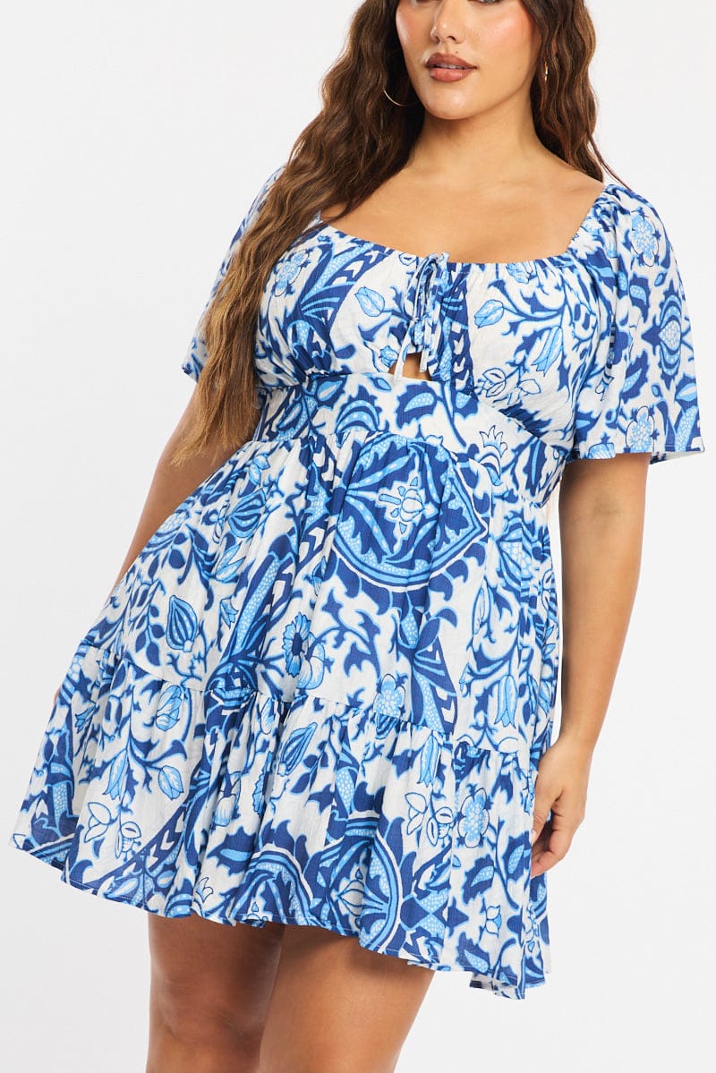 Blue Abstract Skater Dress Short Sleeve Cut Out - Image 5