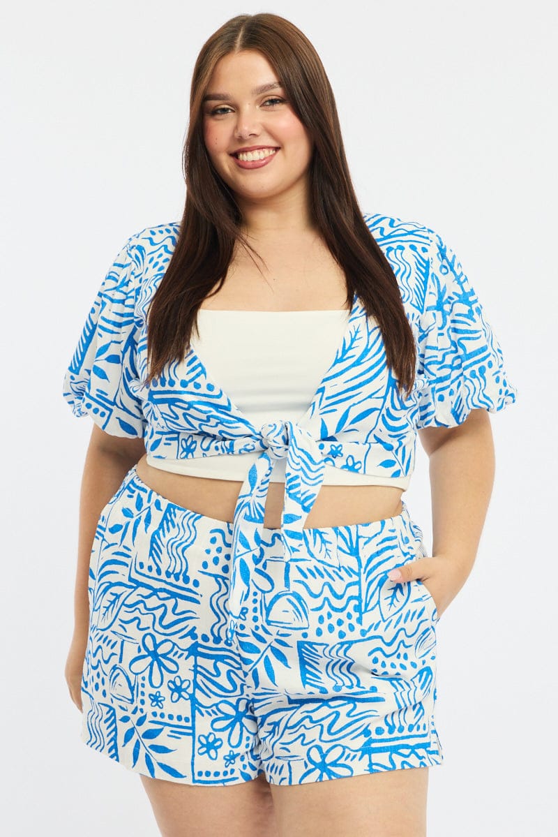 Blue Abstract Tie Up Bolero Short Sleeve - Image 2