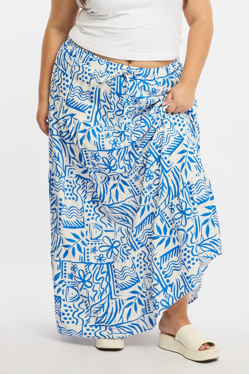 Blue Abstract Tiered Maxi Skirt Linen Blend - Image 2