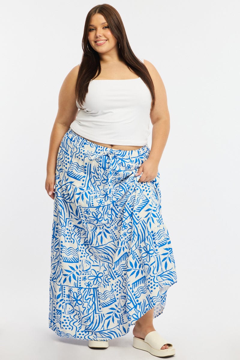 Blue Abstract Tiered Maxi Skirt Linen Blend - Image 3