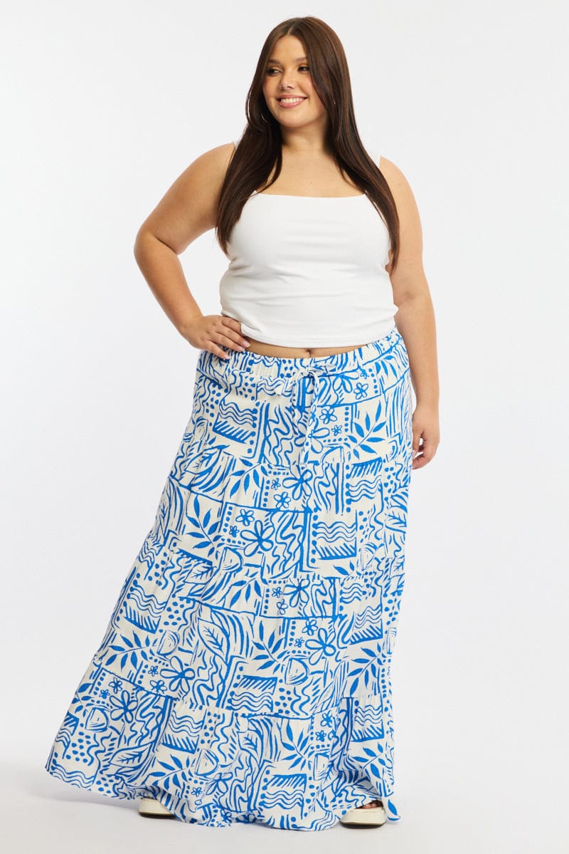 Blue Abstract Tiered Maxi Skirt Linen Blend - Image 4