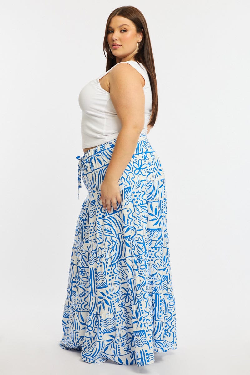 Blue Abstract Tiered Maxi Skirt Linen Blend - Image 5