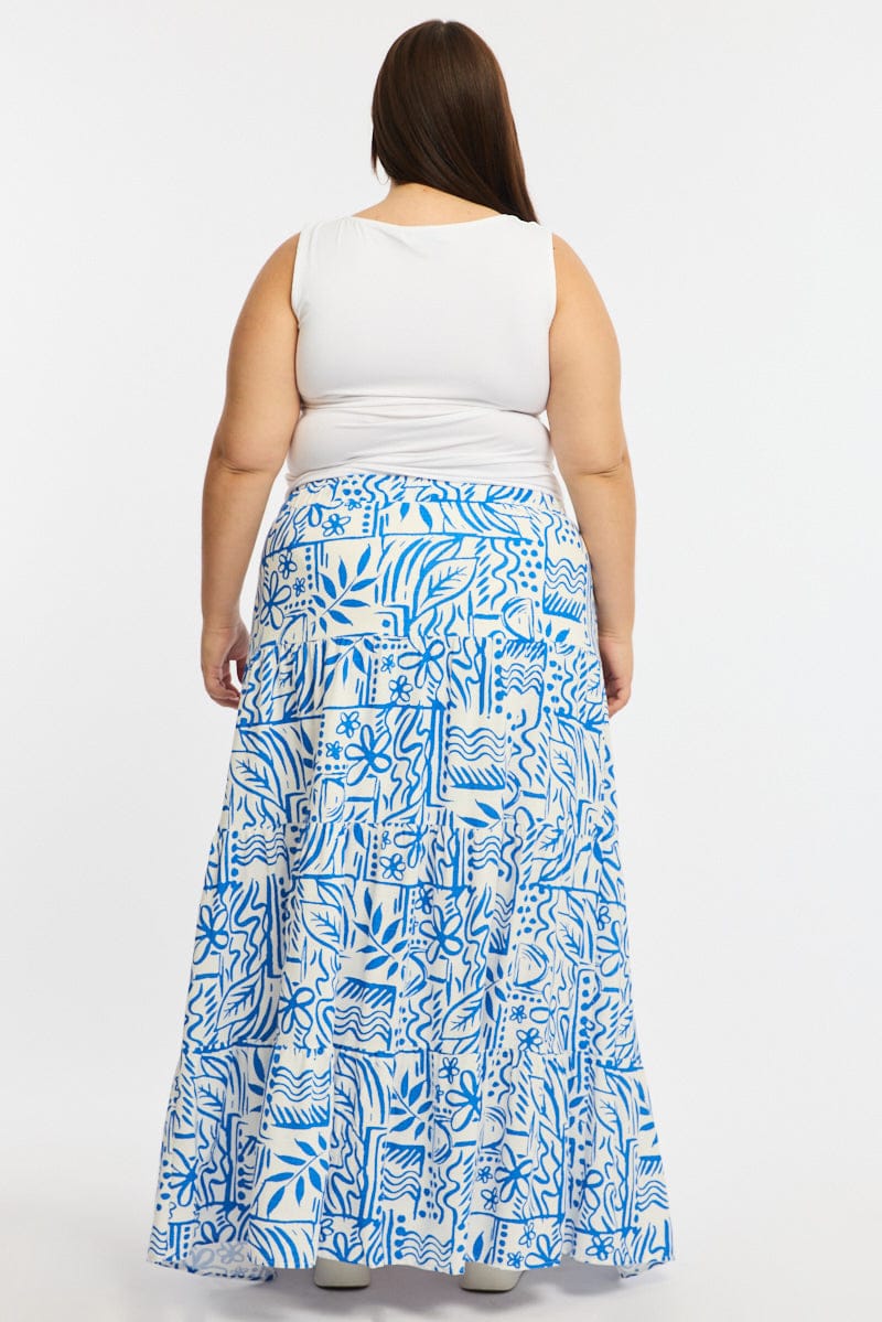Blue Abstract Tiered Maxi Skirt Linen Blend - Image 6