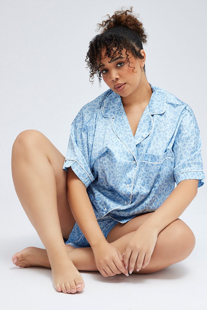 Blue Animal Print Leopard Satin Pj Contrast Piping Pyjama Set