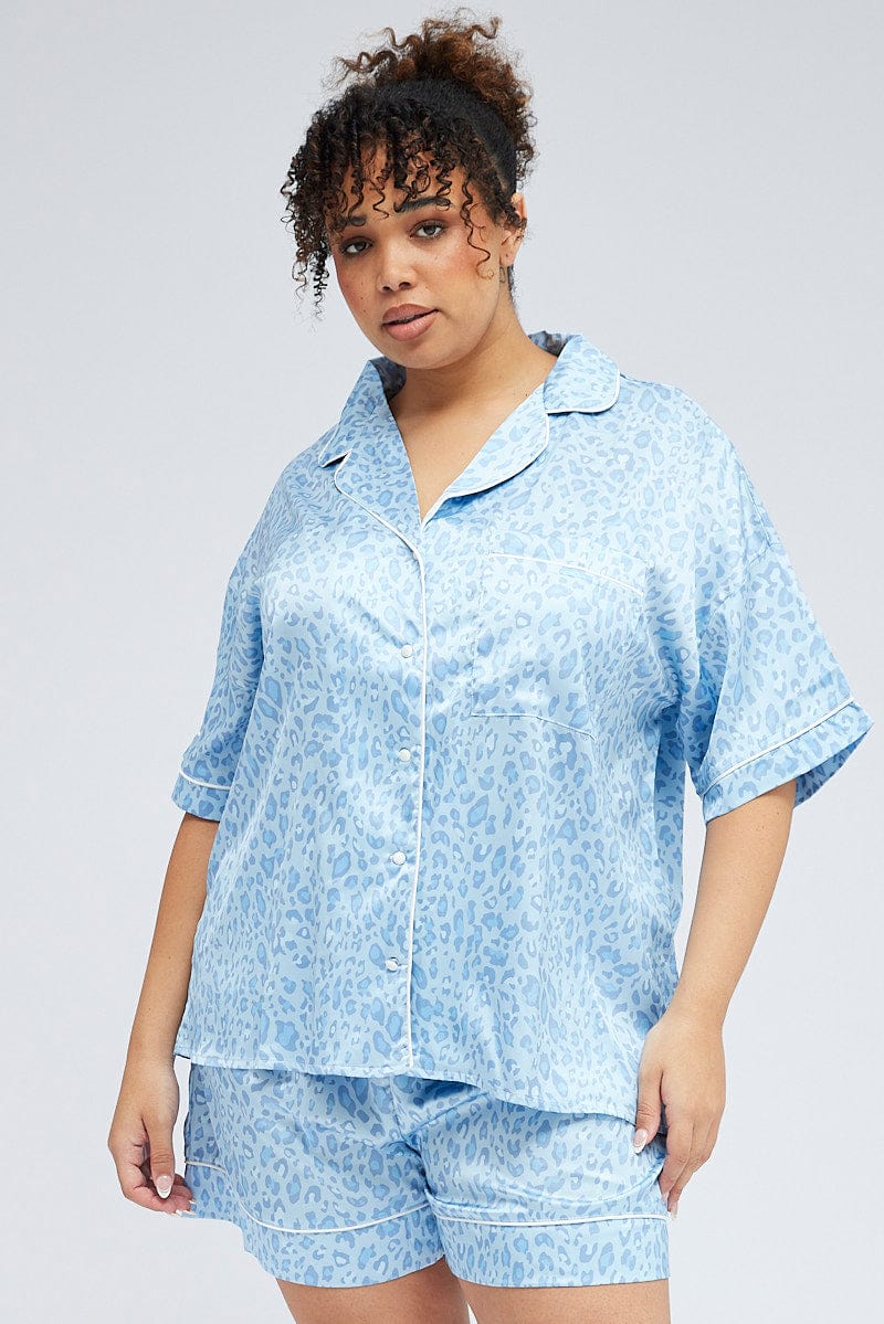 Blue Animal Print Leopard Satin Pj Contrast Piping Pyjama Set - Image 3
