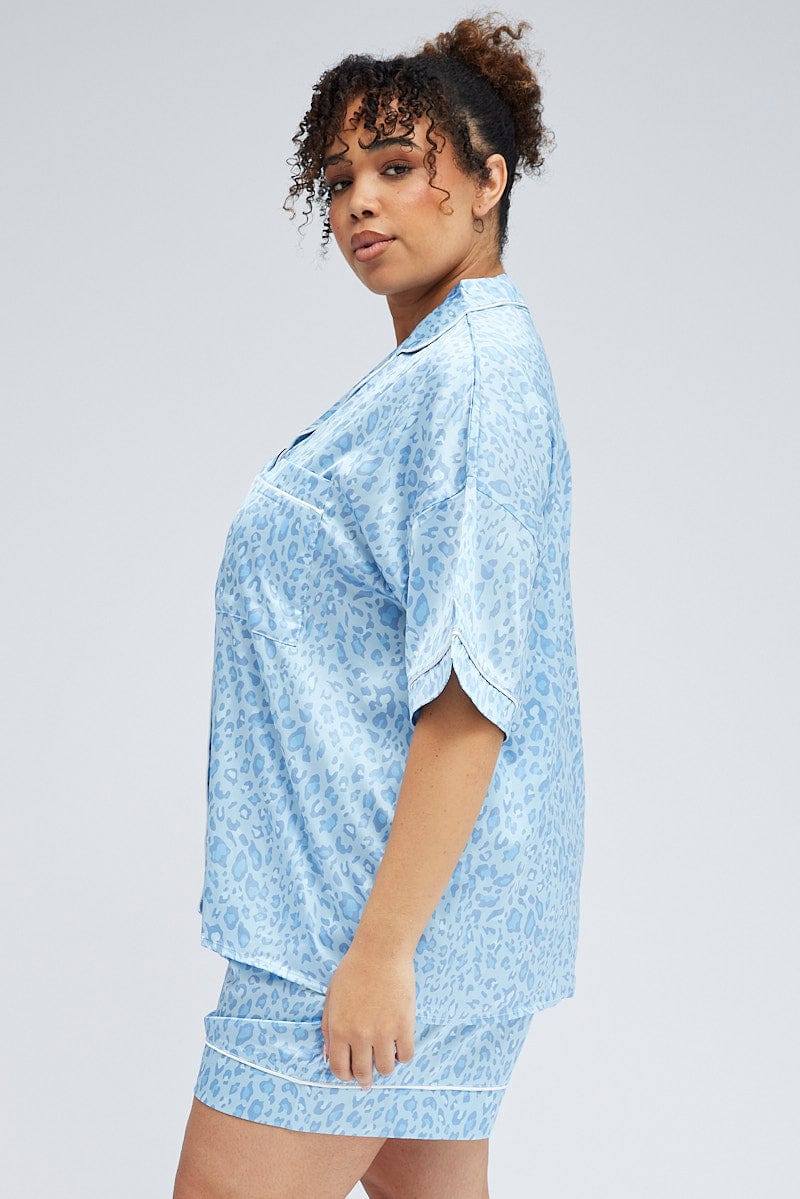 Blue Animal Print Leopard Satin Pj Contrast Piping Pyjama Set - Image 4