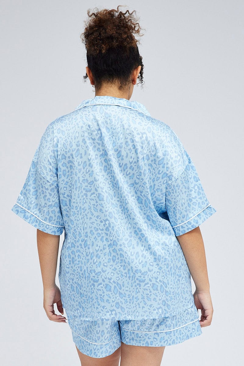 Blue Animal Print Leopard Satin Pj Contrast Piping Pyjama Set - Image 5