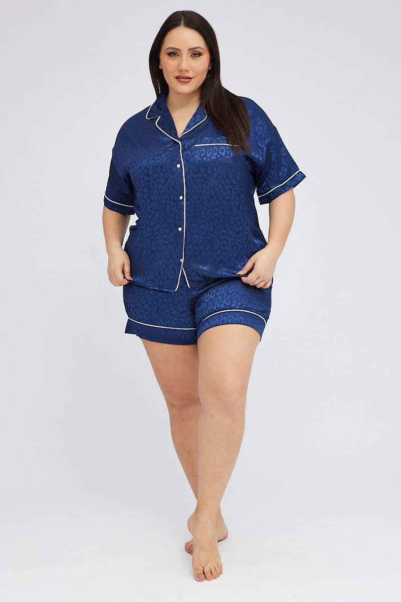 Blue Animal Print Pyjama Set Satin Jacquard Leopard Piping Pj - Image 2