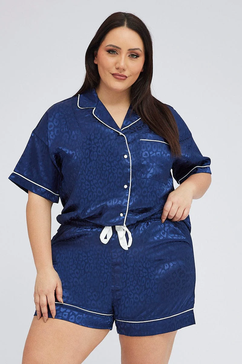 Blue Animal Print Pyjama Set Satin Jacquard Leopard Piping Pj - Image 3