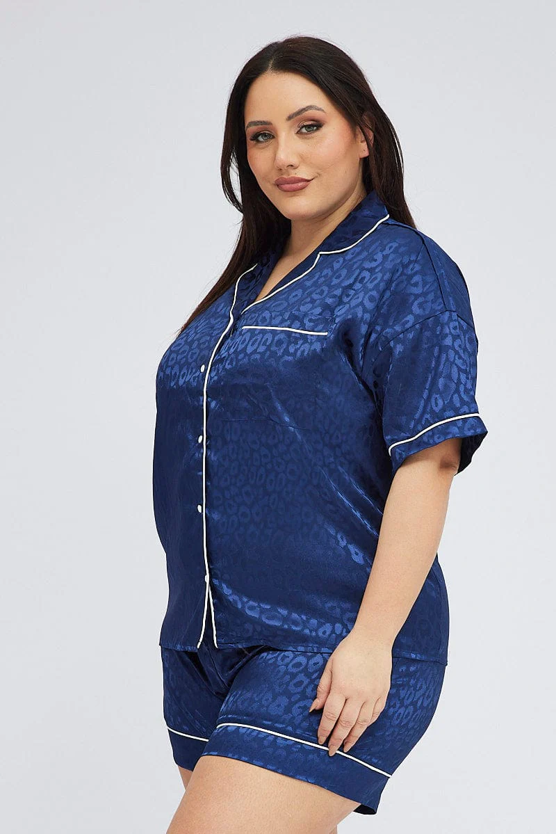 Blue Animal Print Pyjama Set Satin Jacquard Leopard Piping Pj - Image 4
