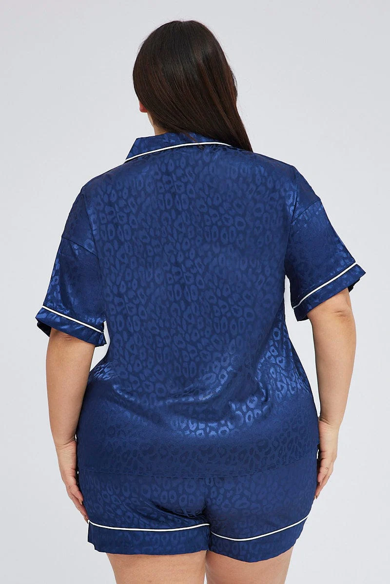 Blue Animal Print Pyjama Set Satin Jacquard Leopard Piping Pj - Image 5