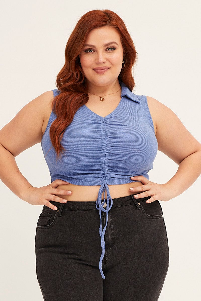 Blue Blue Rib Jersey Sleeveless Drawstring Collared Top - Image 3