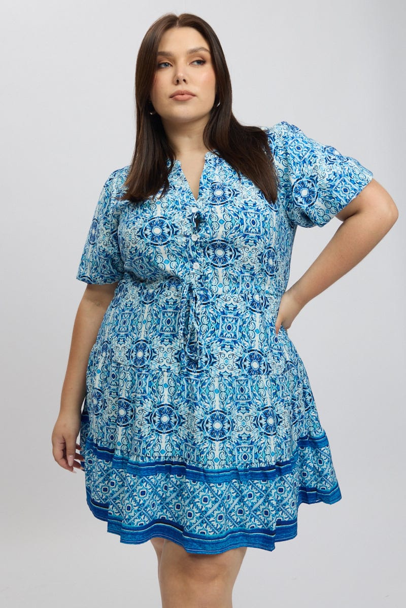 Blue Boho Button Through Border Print Shirtdress - Image 3