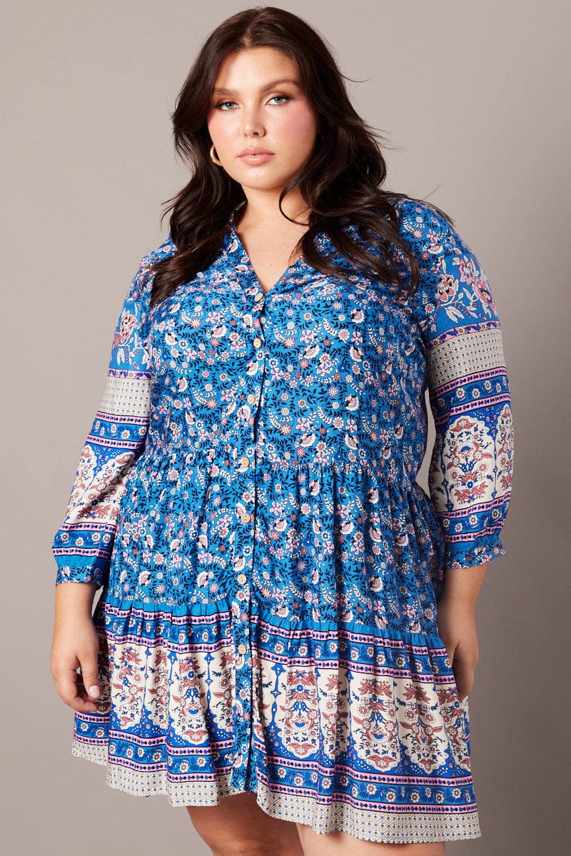 Blue Boho Button Through Shirtdress - Image 3