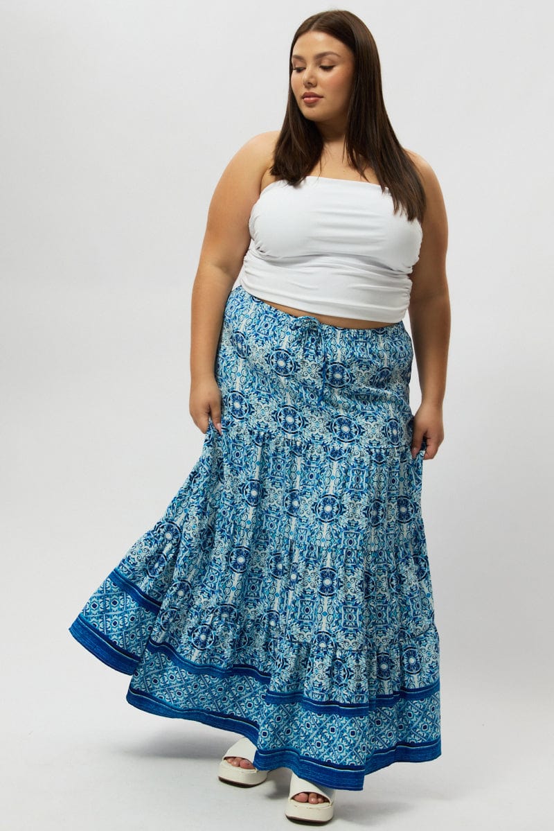 Blue Boho Elastic Waist Border Print Tiered Maxiskirt - Image 3