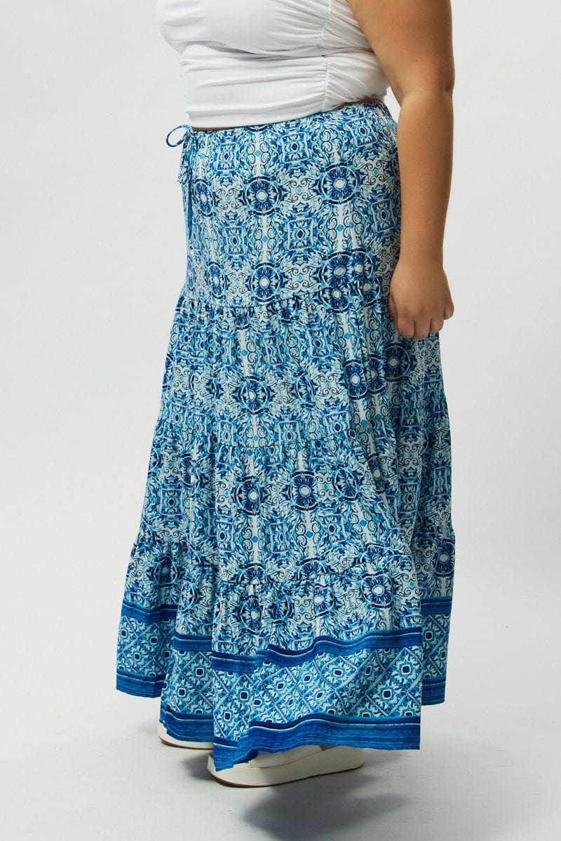 Blue Boho Elastic Waist Border Print Tiered Maxiskirt - Image 4