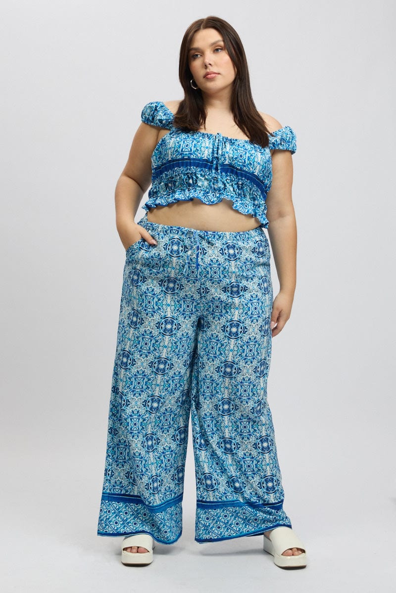 Blue Boho Elastic Waist Border Print Wide Leg Pants - Image 2