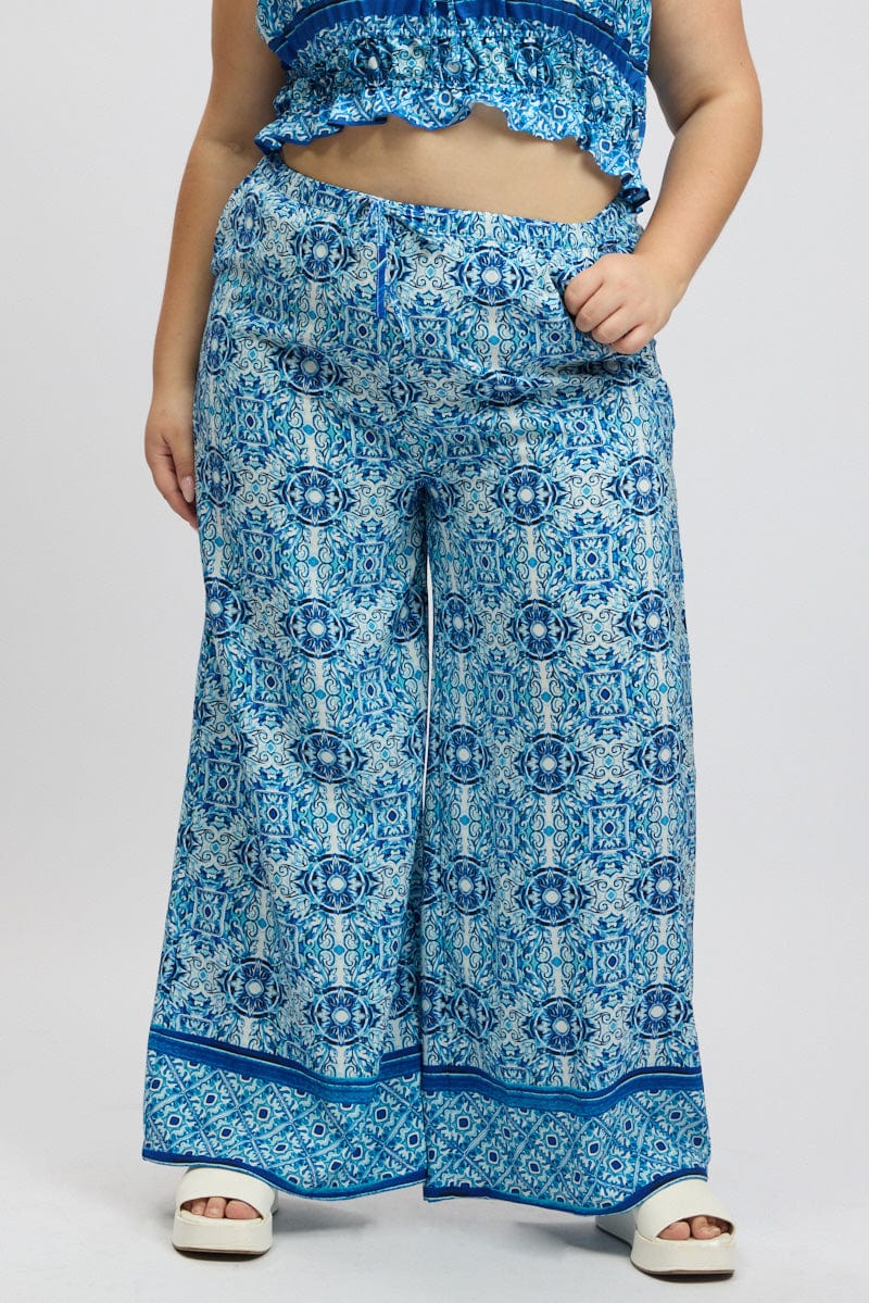 Blue Boho Elastic Waist Border Print Wide Leg Pants - Image 3
