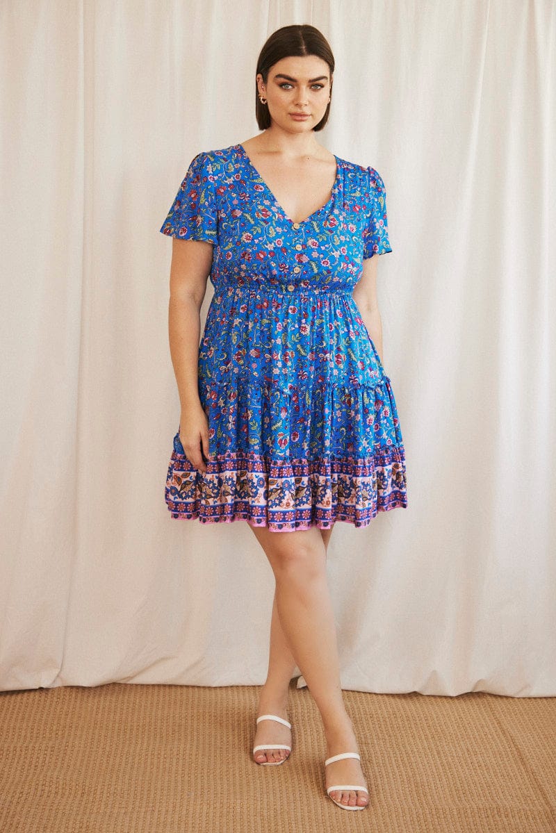 Blue Boho Fit And Flare Dress Short Sleeve V-neck - Image 2