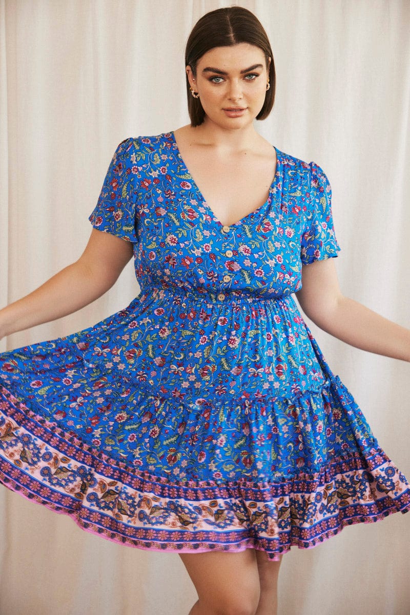 Blue Boho Fit And Flare Dress Short Sleeve V-neck - Image 3