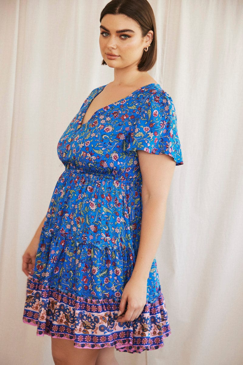 Blue Boho Fit And Flare Dress Short Sleeve V-neck - Image 4