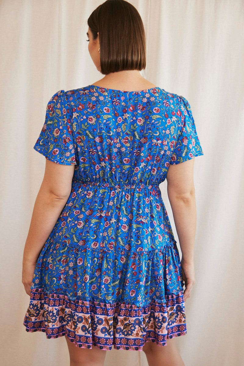 Blue Boho Fit And Flare Dress Short Sleeve V-neck - Image 5