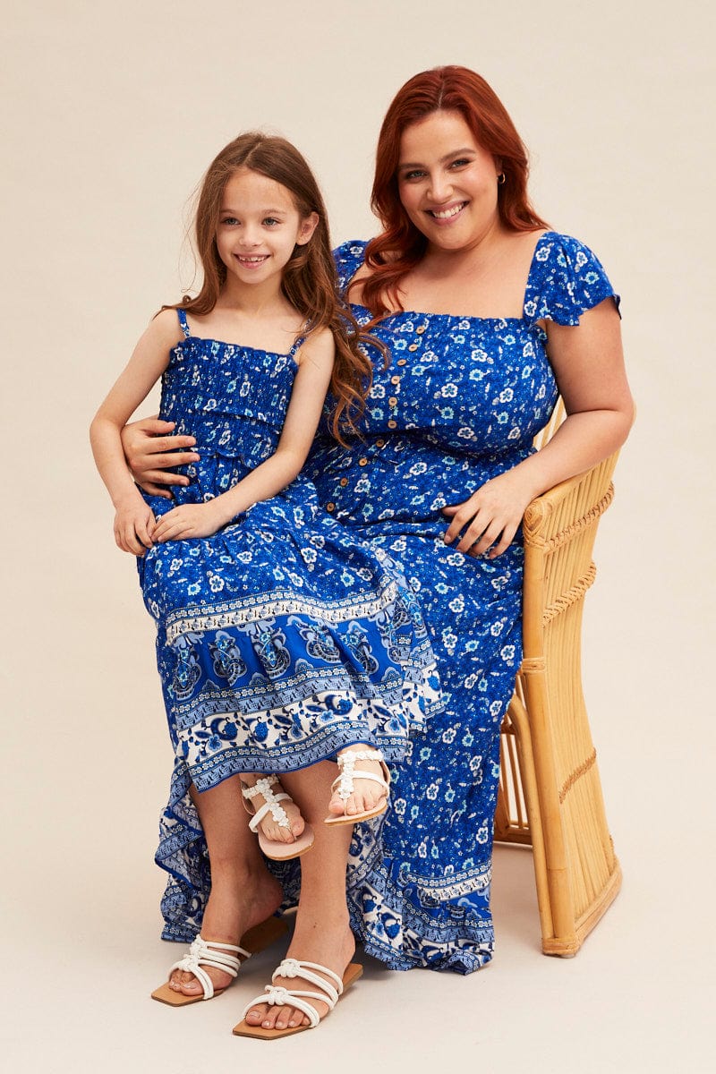 Blue Boho Kids Maxi Dress Sleeveless Tiered - Image 2