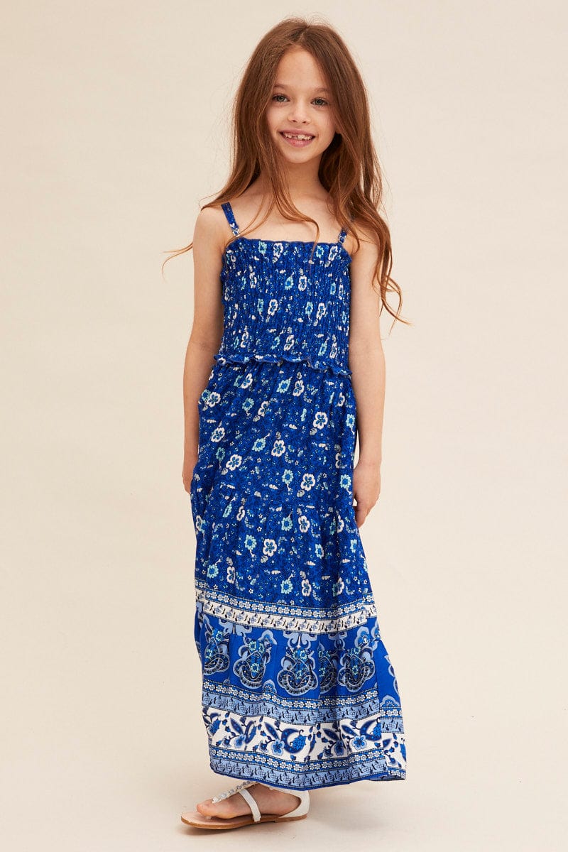 Blue Boho Kids Maxi Dress Sleeveless Tiered - Image 3