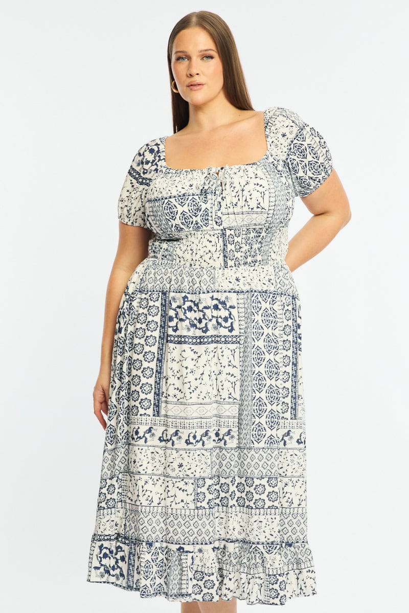 Blue Boho Maxi Dress Short Sleeve Linen Blend - Image 2